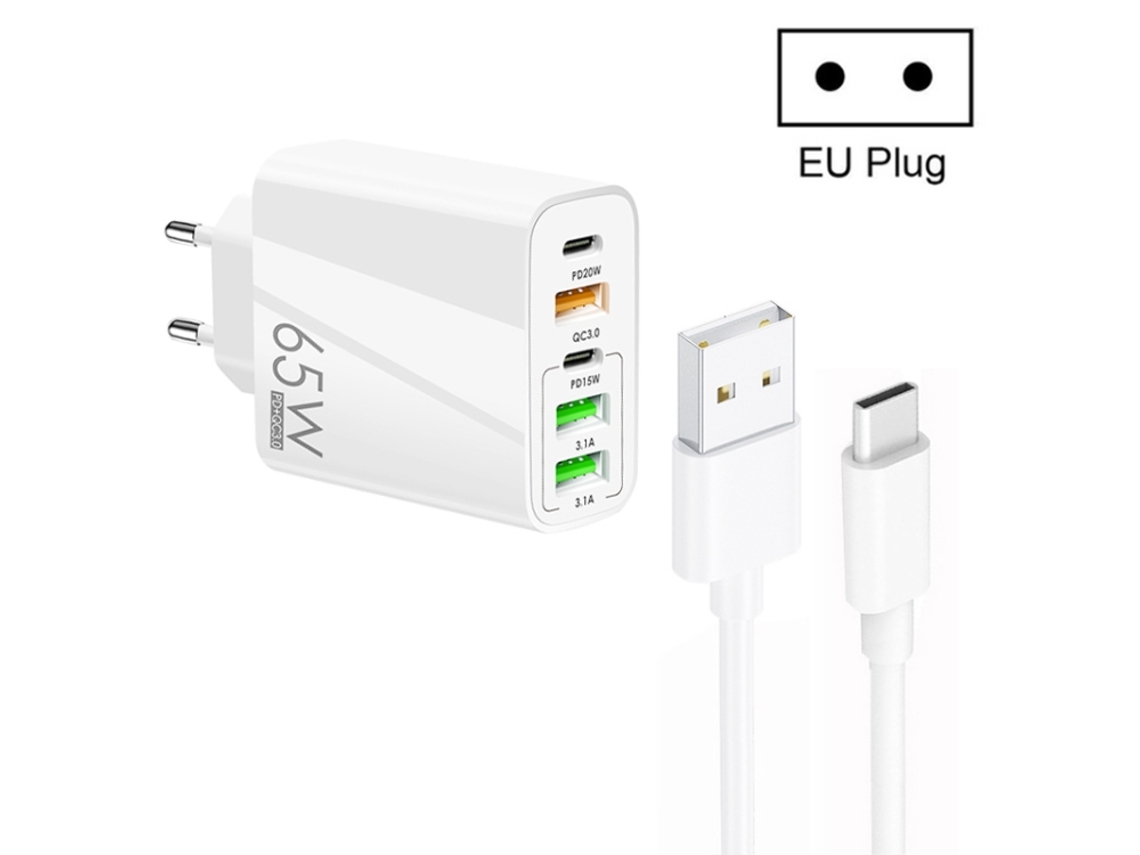 65w Dual Pd Tipo C + 3 Usb multiporta com 3a Usb para Cabo de Dados Tipo C, plugue UE branco XIAOMOYU