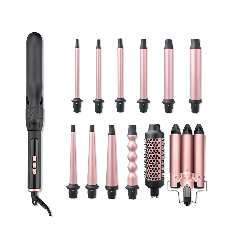 (rosa) Conjunto De Modelador De Cachos 3 Em 1, Inclui Um Modelador De Cachos Com Cilindros De Cerâmica Substituíveis E Um Pente.