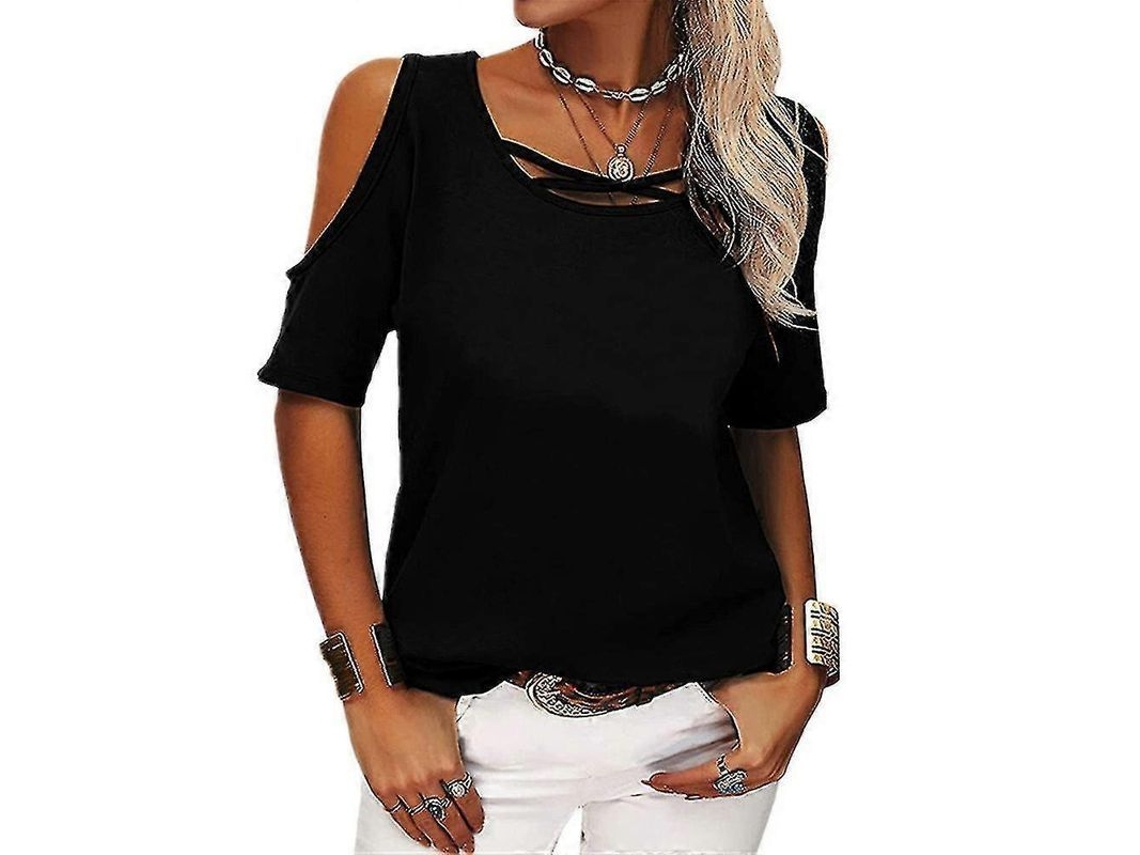 BLUSA Fasst Casual de Ombros Descobertos, Manga Curta, Verão, Algodão Misturado