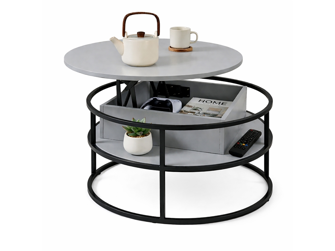 Relaxdays Mesa De Centro Regulável Em Altura, Com Arrumação, 46x80 Cm (a X D), Tampo Elevável, Mdf/ferro, Cinzento/preto
