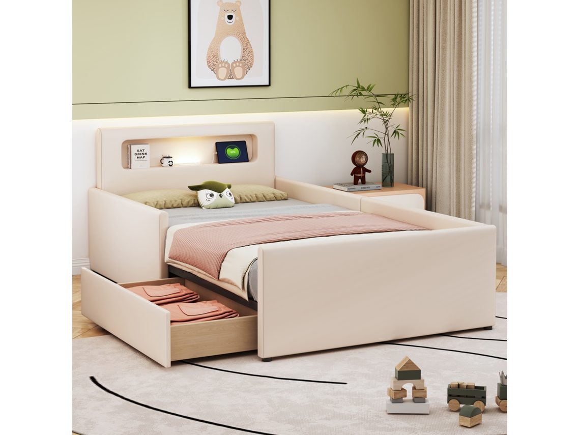 Cama Criança 90x200 Cm Luz Noturna Usb Prateleiras Lados Seguros Bege
