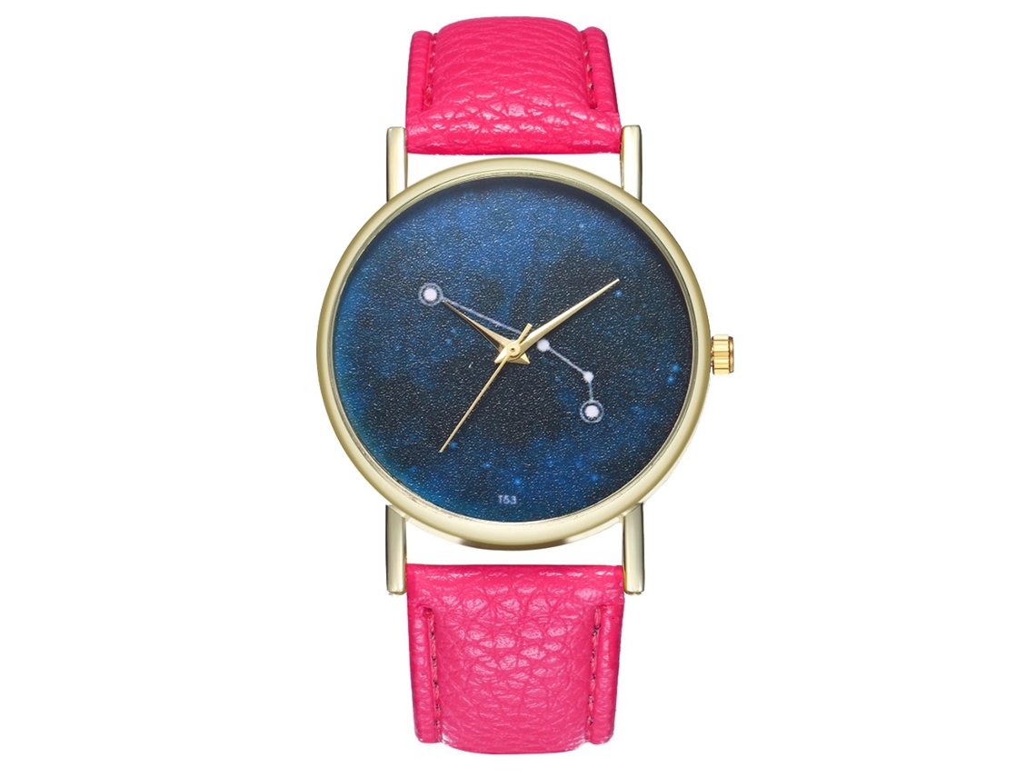 Relógio unissex de pulso com design simples e moderno, pulseira em couro sintético, movimento de quartzo, disponível nas cores vermelho e rosa.