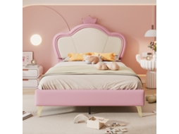 Cama Infantil 90x200cm Cabeceira Coroa, Bordas Acolchoadas, Ripas, Pu, Rosa/Branco KOMHTOM