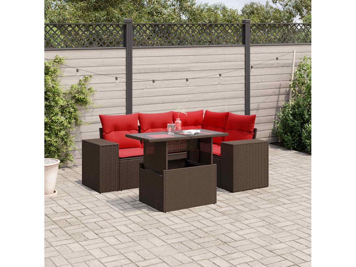 Vidaxl Conjunto De Sofá De Jardim De 5 Peças Com Almofadas Em Rattan Sintético Marrom
