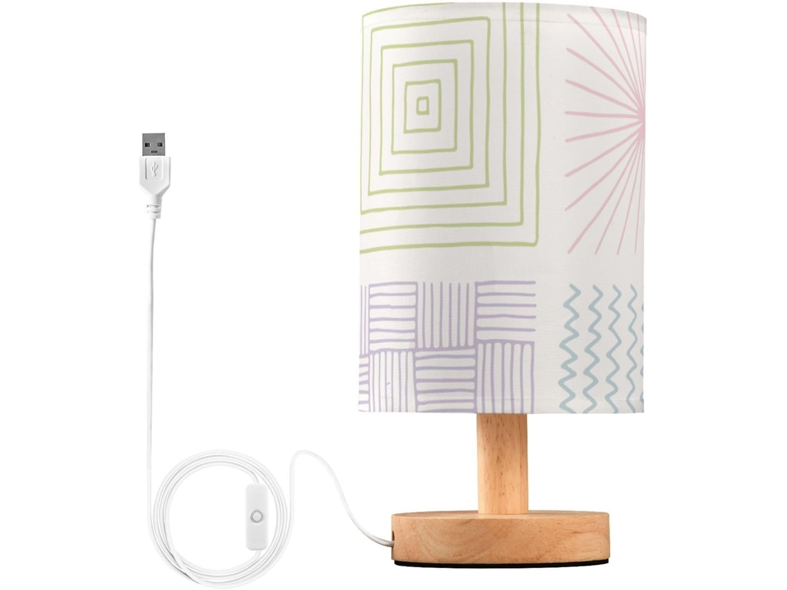 Luminária de mesa estilo retrô com núcleos abstratos, ideal para salas de aula infantis.