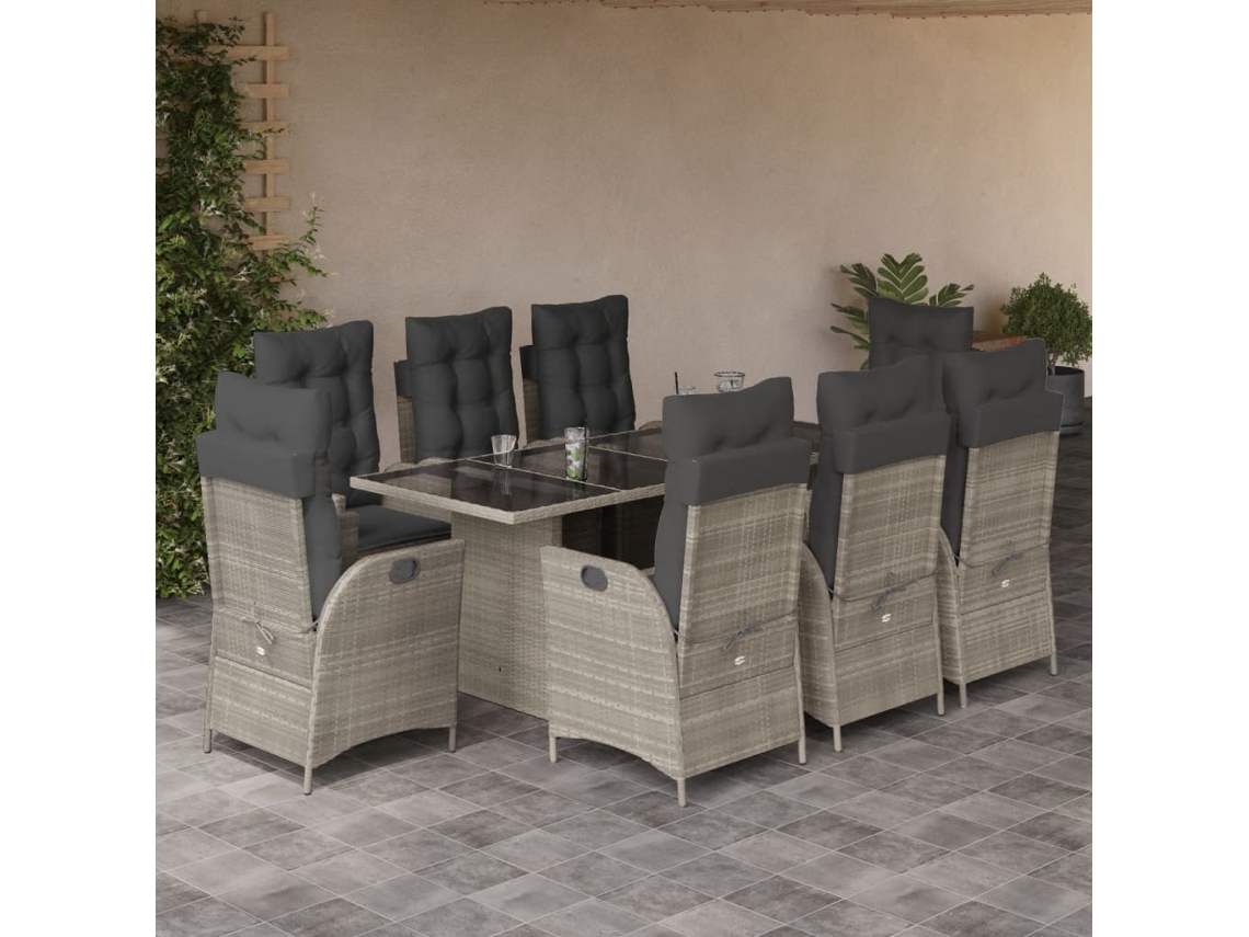 Vidaxl 9 Pcs Conjunto De Jantar P/ Jardim C/ Almofadões Cinzento Claro