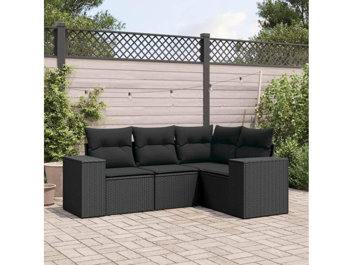 4 Pcs Conjunto De Sofá Para Jardim C/ Almofadões Vime Pe Preto Dkd Home Decor