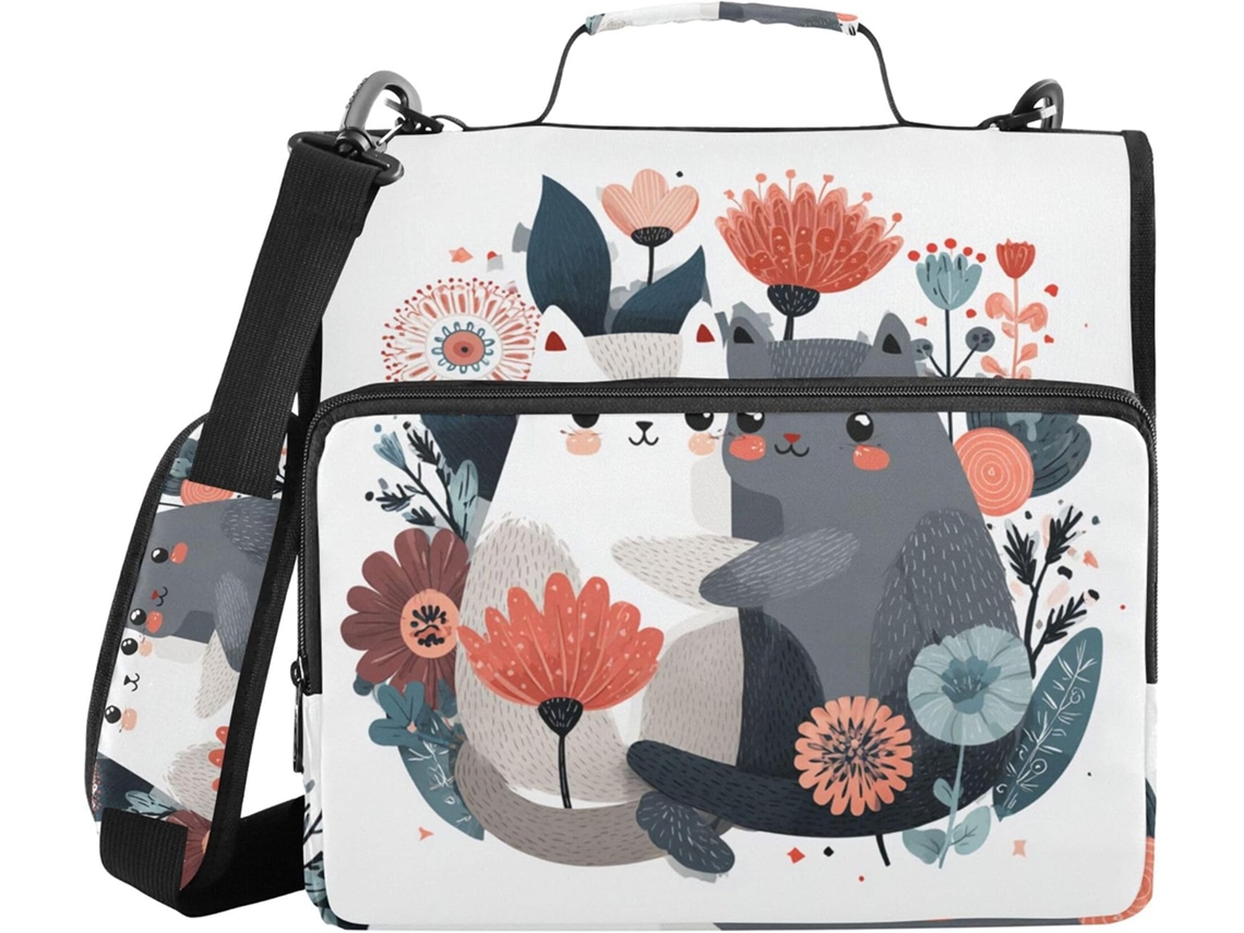 Organizador com estampa de gatinhos fofinhos em um abraço floral, com zíper e alça, diversos bolsos, 3,8 cm de comprimento, 3 compartimentos.