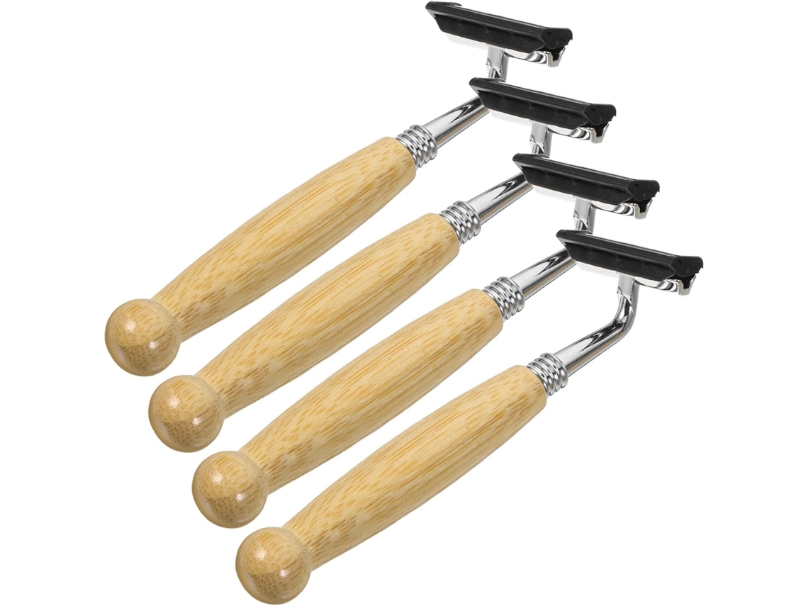 Conjunto de 4 lâminas Barbear em aço inoxidável com cabo de bambu, para corte.