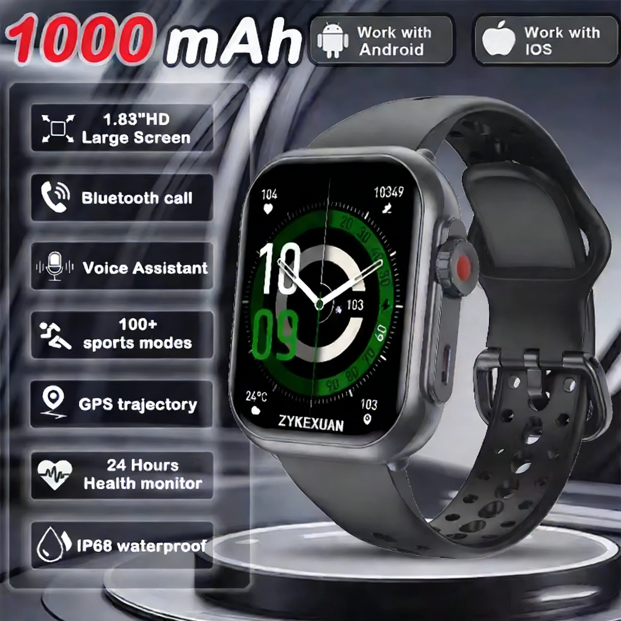 Smartwatch MDUG com tela sensível ao toque HD Amoled de 1.83 polegadas, à prova d'água IP68, chamadas Bluetooth, preto