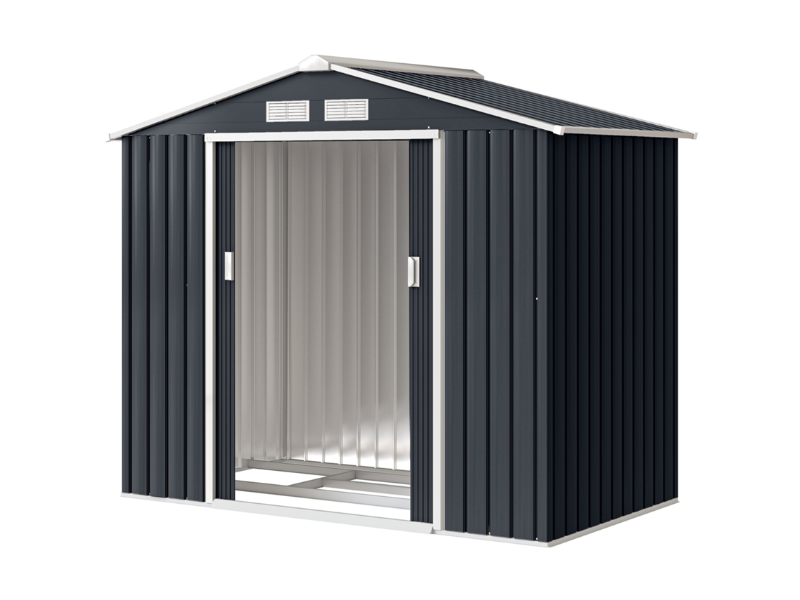 Abrigo De Jardim 213x130x185cm De Metálico De Exterior Com 2 Portas Deslizantes E 4 Janelas Cinza Escuro