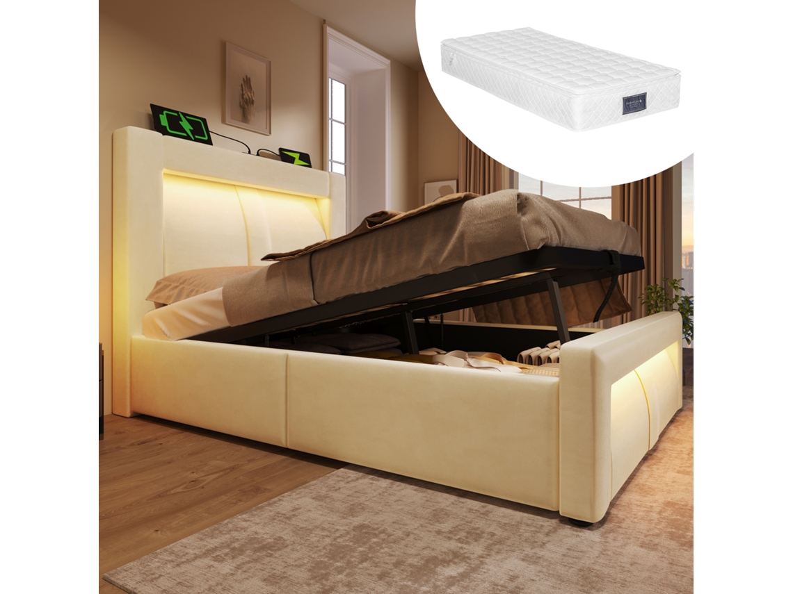 Cama Solteiro 90x200cm Com Armazenamento, Led, Usb E Type-c Bege