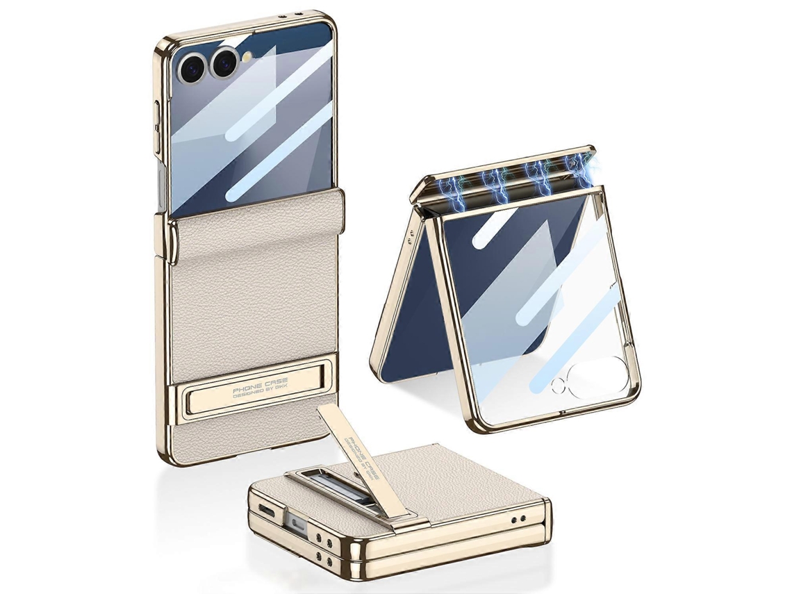Tkdaddy Gkk Para Samsung Galaxy Z Flip7 5g Capa Com Suporte E Proteção Magnética Com Dobradiça Pu Pc Capa De Vidro Temperado Cinza Titânio