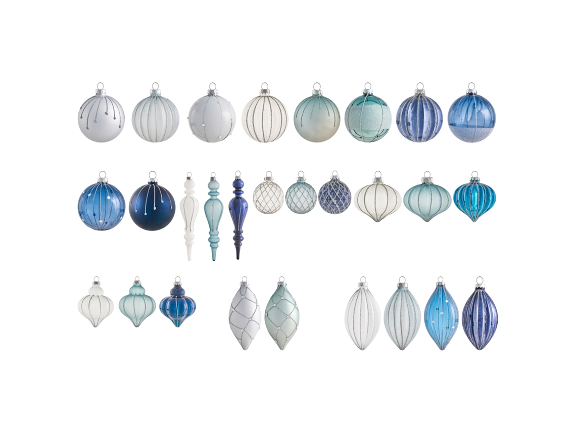 Conjunto De 35 Bolas Snowfall Vidro Azul