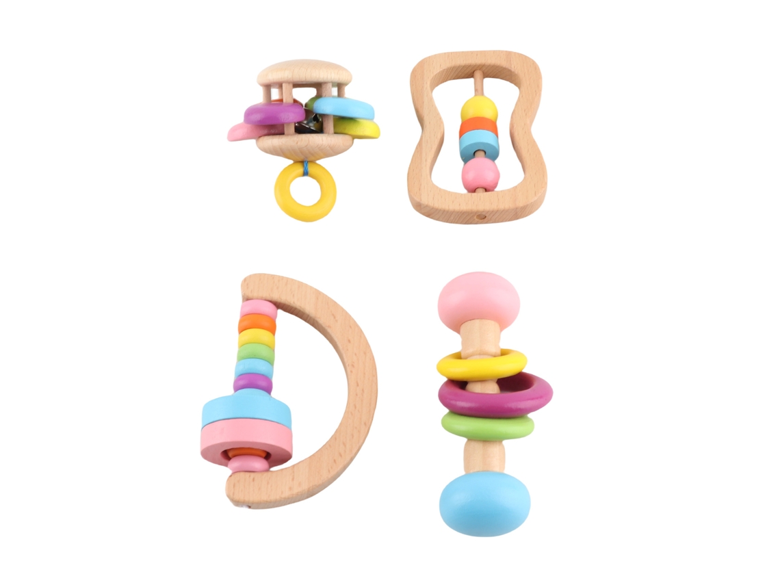 Primerox conjunto de 4 Chocalhos de Madeira para Bebê Recém nascido Brinquedos de Aprendizagem Precoce