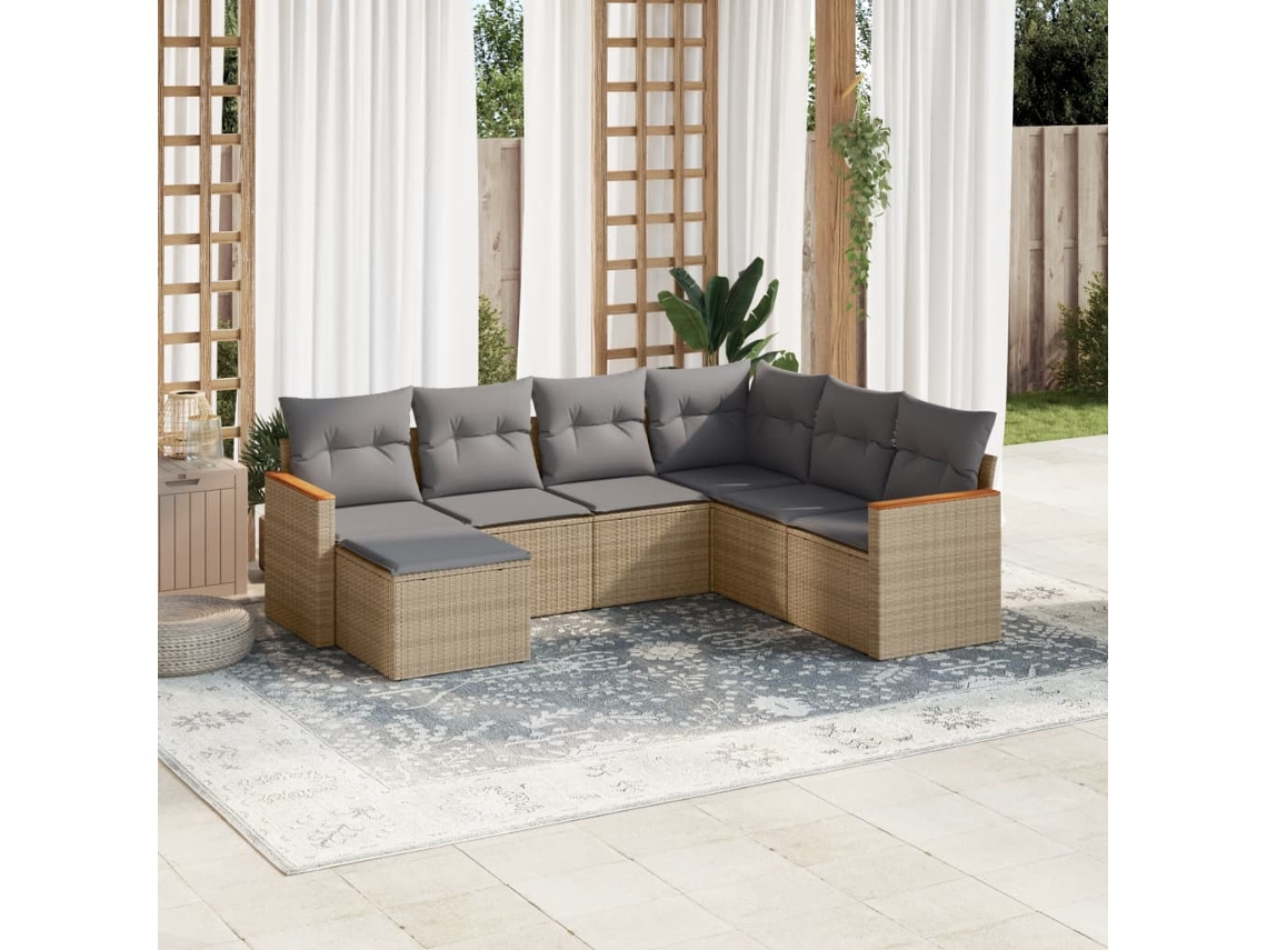 Vidaxl 7 Pcs Conj. Sofás Jardim C/ Almofadões Vime Pe Bege Misturado