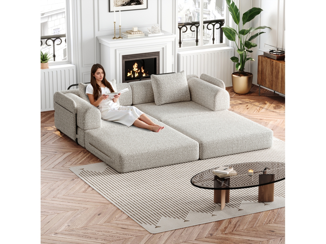 Sofá-cama 2 Em 1 Em Chenille Com Compartimento No Braço, Conjunto Com 2 Peças
