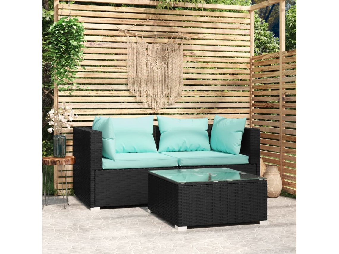 Vidaxl 3 Pcs Conjunto Lounge De Jardim C/ Almofadões Vime Pe Preto