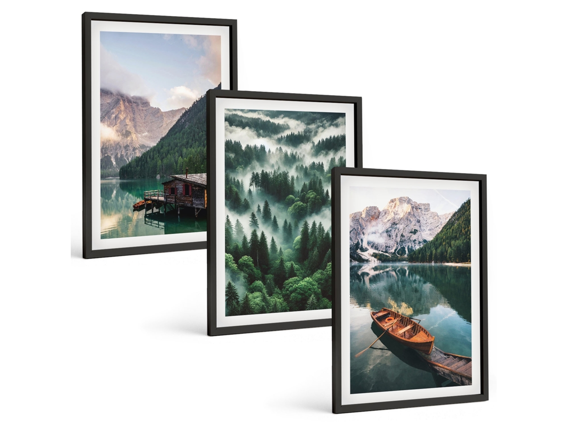 Conjunto De Pinturas Montanha, Lago, Barco, Floresta, Neblina Espelharte (3 Peças 40x60 Cm)