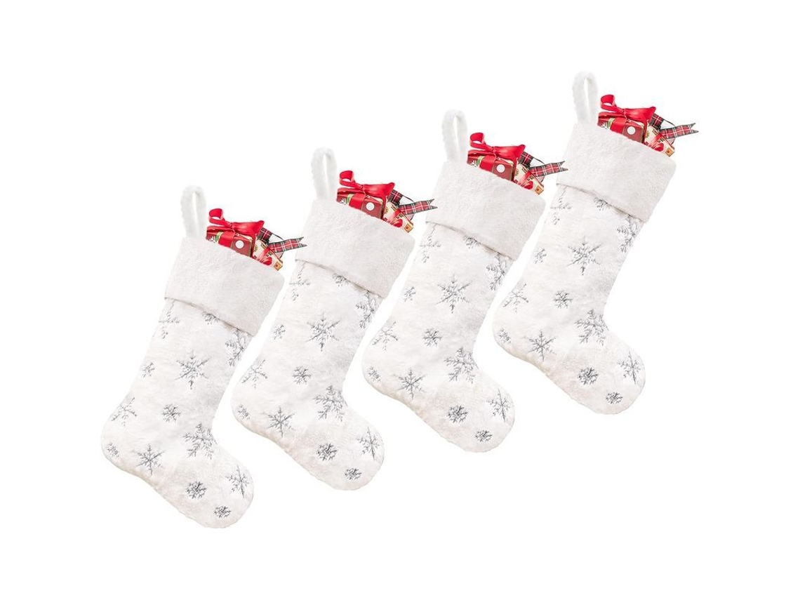 4 Meias de Natal com Strass Prata para Família e Crianças Decor Branco 19 Polegadas