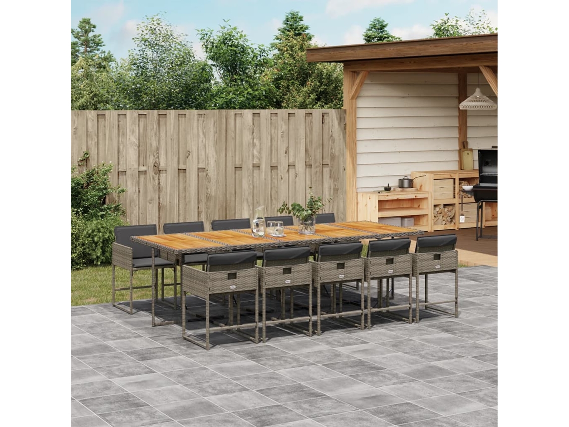 Vidaxl 11 Pcs Conjunto Jantar P/ Jardim C/ Almofadões Vime Pe Cinzento