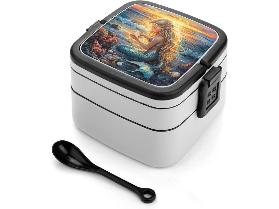 Marmita Bento Sereia Ao Pôr Do Sol Para Adultos, Empilhável, À Prova De Vazamentos, Reutilizável, Com Alça E Colher Para