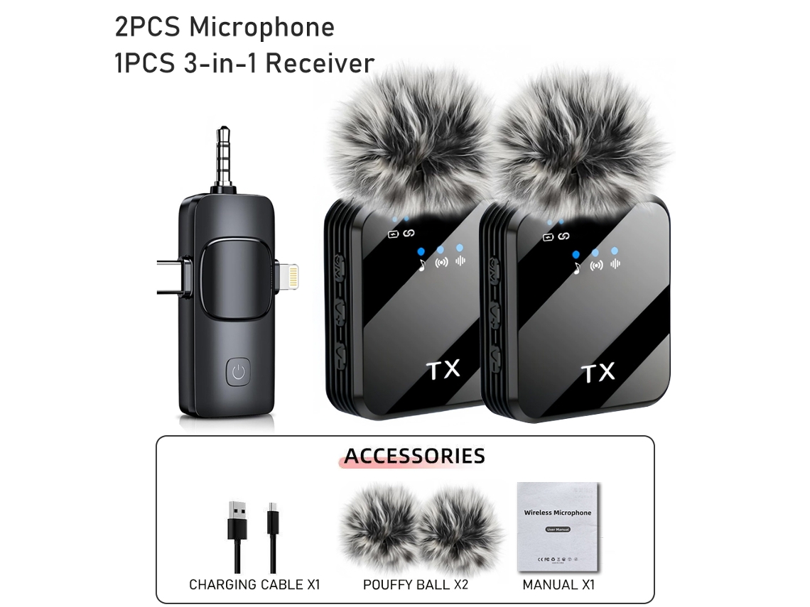 Microfone De Lapela Sem Fio 3 Em 1 Para Câmera, Iphone, Android, Gravação Vídeo E Podcast Com Redução Ruído Aquaforge (lgl)