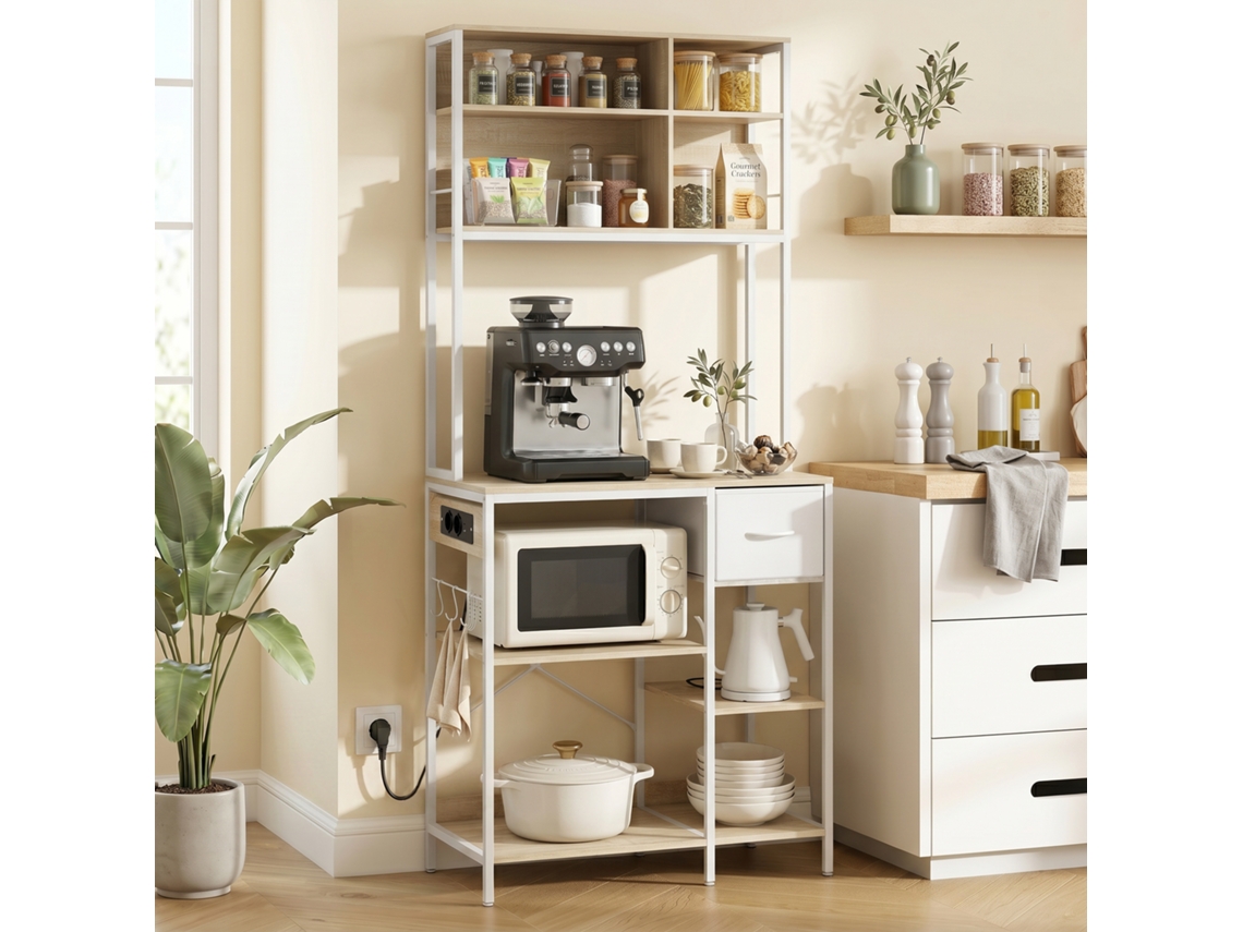 Estante De Cozinha Suporte De Micro-ondas Com Prateleiras E 6 Ganchos Para Espaços Pequenos 80x40x181 Cm Carvalho
