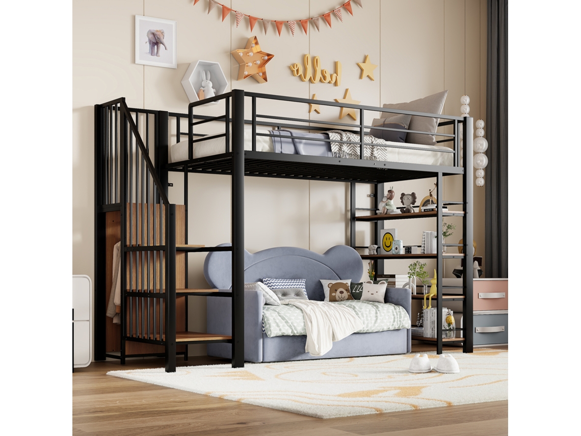 Cama Alta 90x200 Com Escada Segura Armário Estantes Design Preto