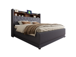 Cama estofada led 180x200cm com armazenamento, Usb e sistema hidráulico, tecido de linho cinza macio PAPRIKA