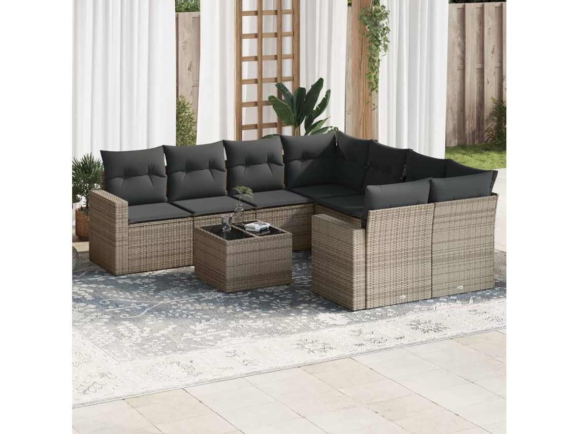 Vidaxl 9 Pcs Conjunto Sofás P/ Jardim Com Almofadões Vime Pe Cinzento