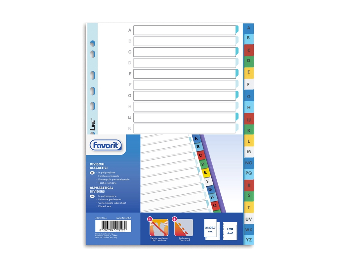 Favorit 400132466 aba de índice Separador alfabético com aba Polipropileno (PP) Multicolor