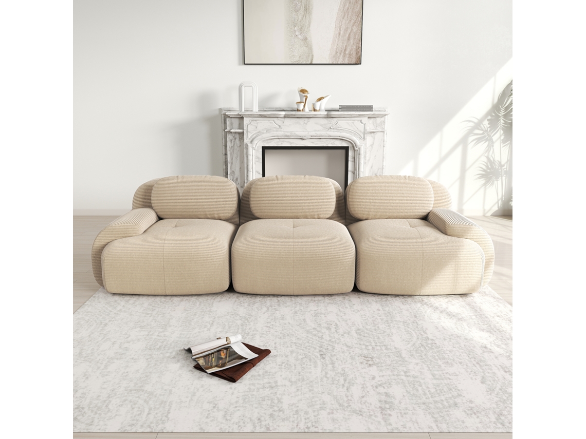 Sofá 3 Lugares Em Cotelê Premium Modular Sem Estrutura Com Braços Ergonômicos Bege