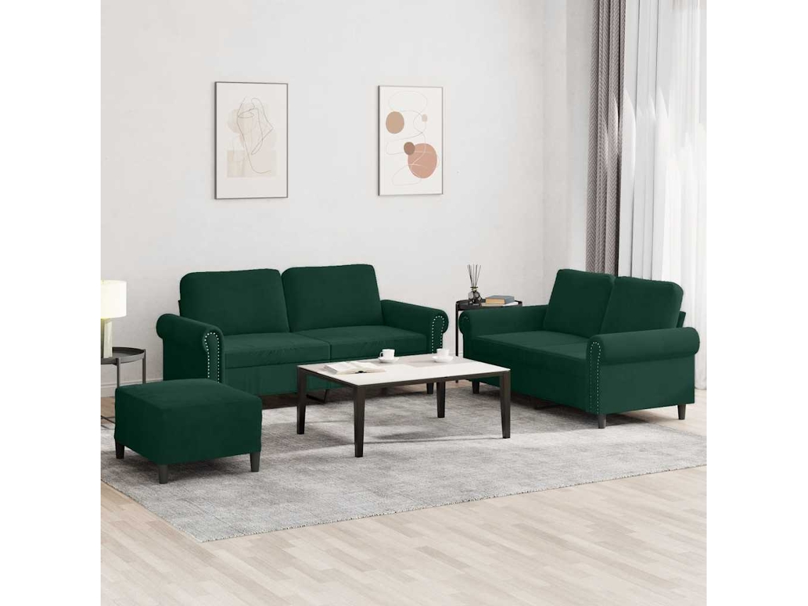 Vidaxl 3 Pcs Conjunto De Sofás Com Almofadões Veludo Verde-escuro