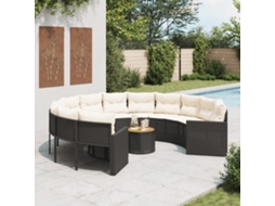 Vidaxl Sofá De Jardim Com Mesa E Almofadões Redondo Vime Pe Preto