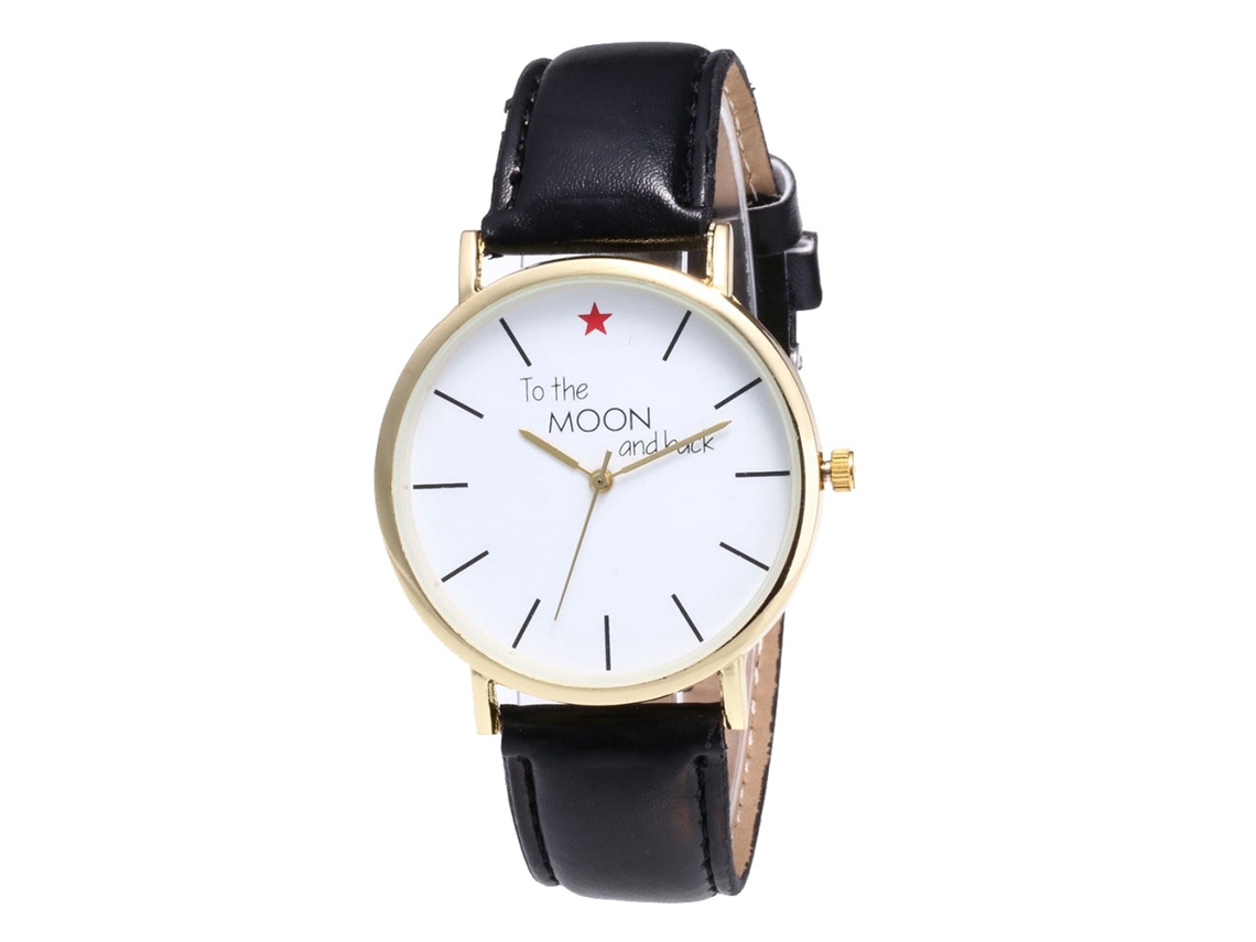 Relógio de quartzo com pulseira de couro PU, design simples com letras, unissex (dourado)