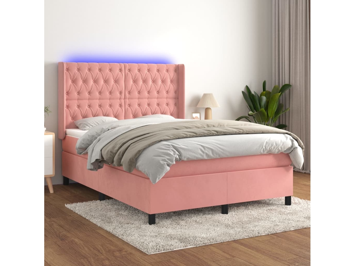 Vidaxl Cama Box Spring C/ Colchão/led 140x190 Cm Veludo Rosa