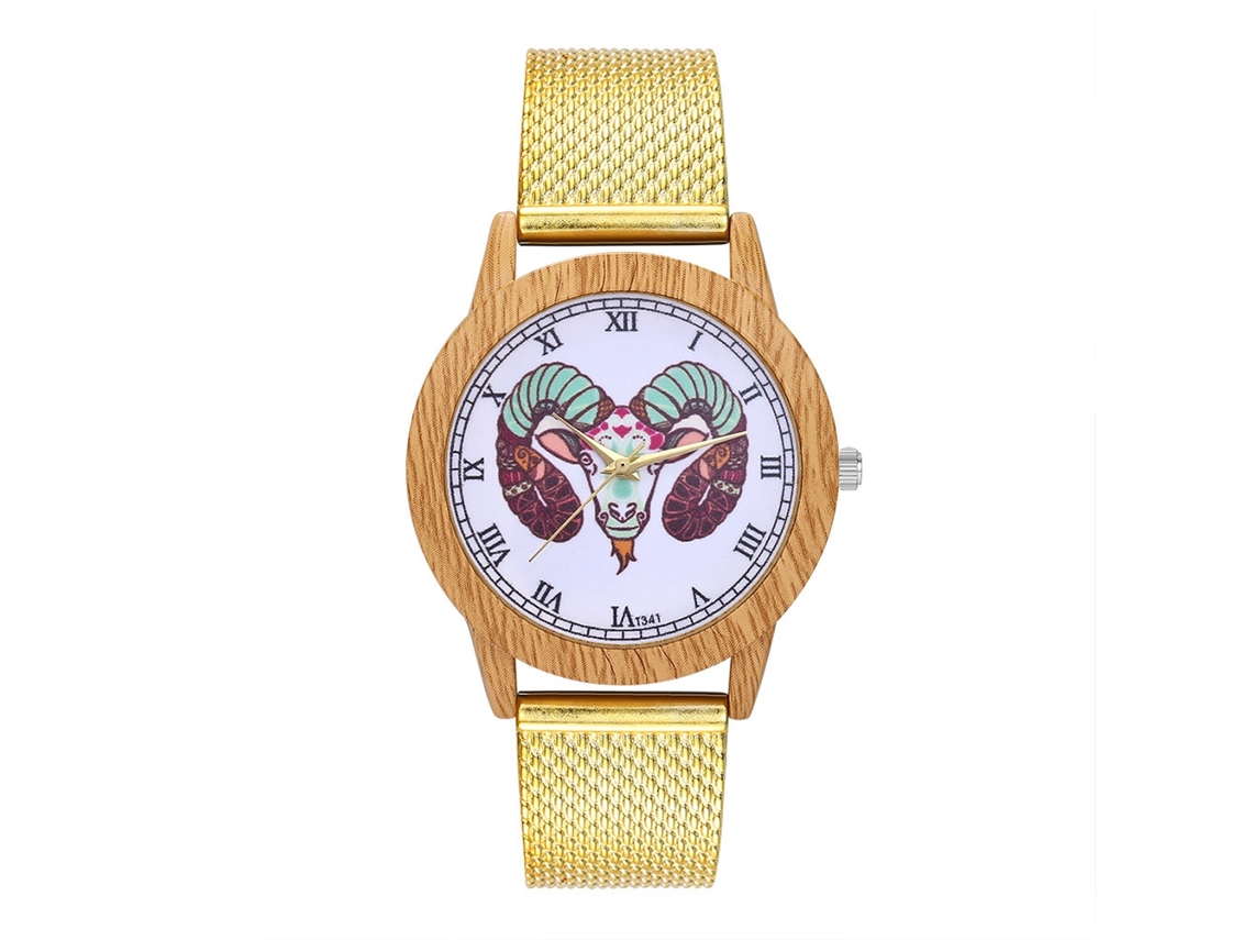 Relógio de pulso unissex com pulseira de malha e estampa animal, mostrador redondo dourado.