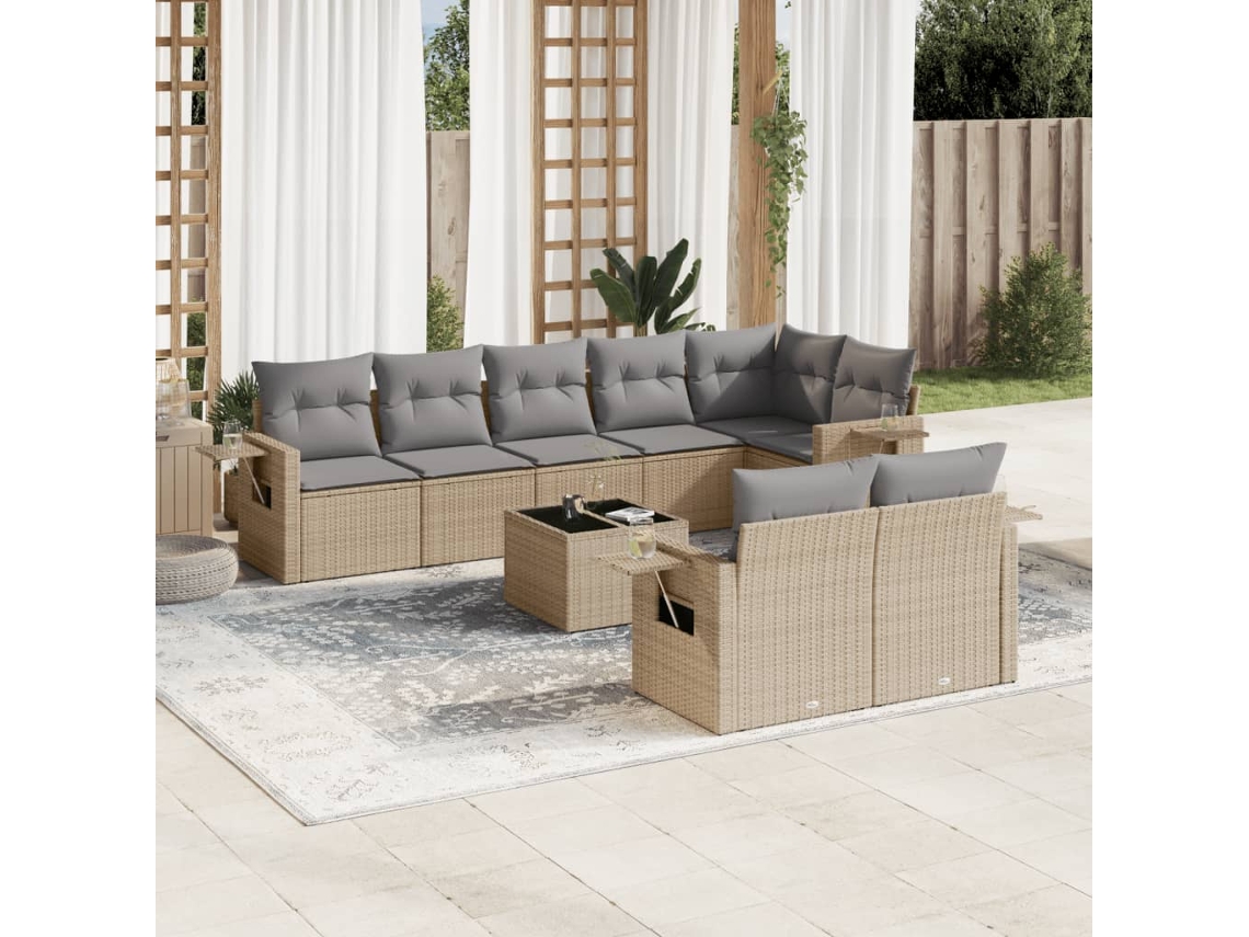 Vidaxl 9 Pcs Conjunto De Sofás P/ Jardim Com Almofadões Vime Pe Bege