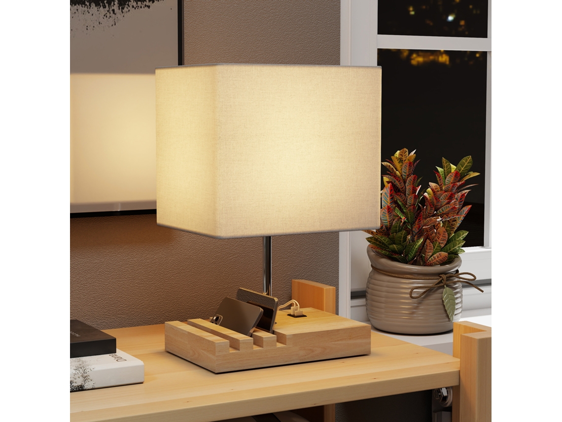 Abajur de Mesa com Portas Usb a/c, Três Compartimentos para Celular, Base em Madeira e Cúpula de Tecido, Branco