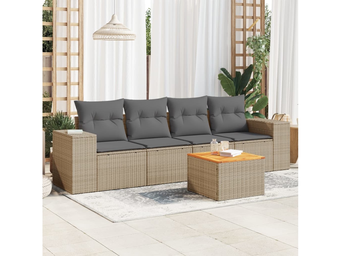 Vidaxl 5 Pcs Conjunto De Sofás P/ Jardim Com Almofadões Vime Pe Bege