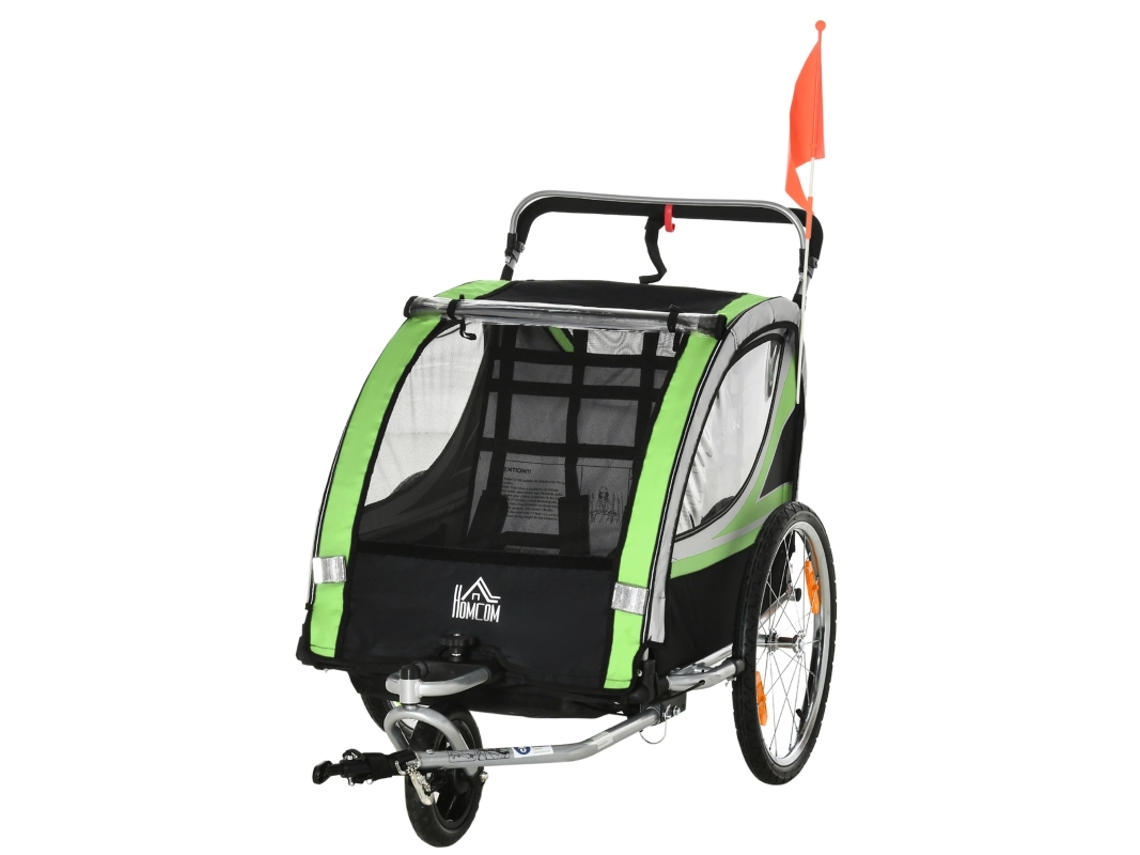 Bicicleta Reboque 2 Em 1 Para 2 Crianças,conversível Em Carrinho De Passeio,impermeável,com Freio,verde