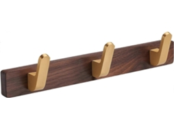 Cabide de Parede com 3 Ganchos, em Liga de Zinco Dourada, com Base em Madeira de Nogueira, Ideal para Banheiro e Cozinha. Gancho Curvo BRILVIBERA