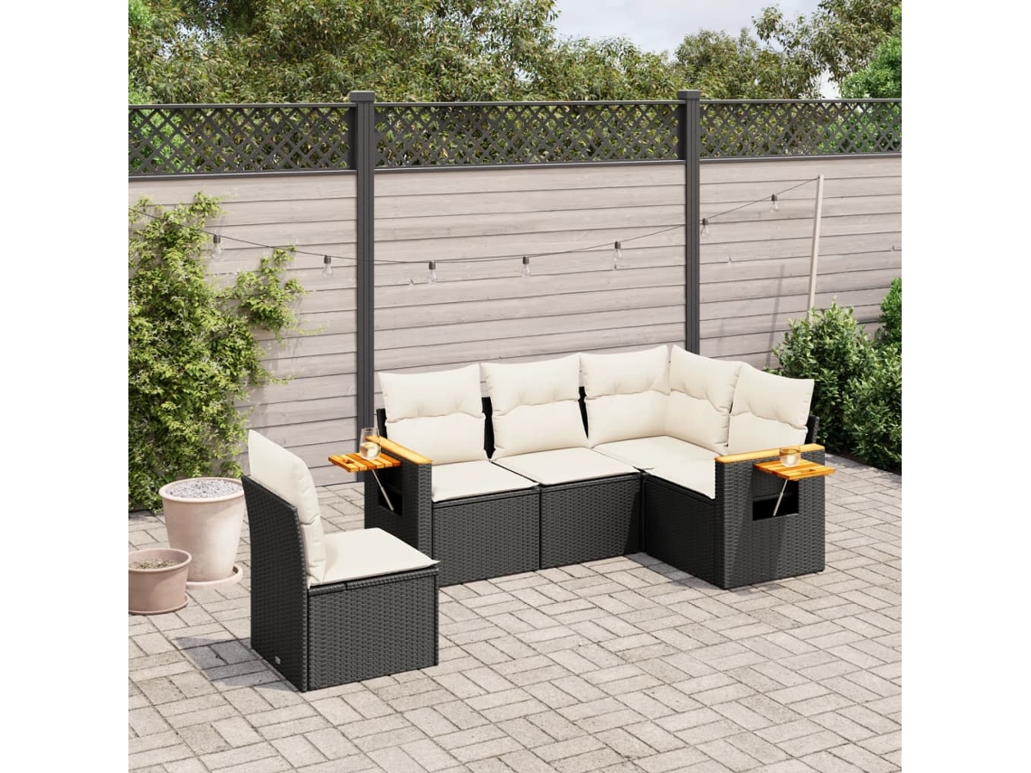 Vidaxl 5 Pcs Conjunto Sofás De Jardim Com Almofadões Vime Pe Preto