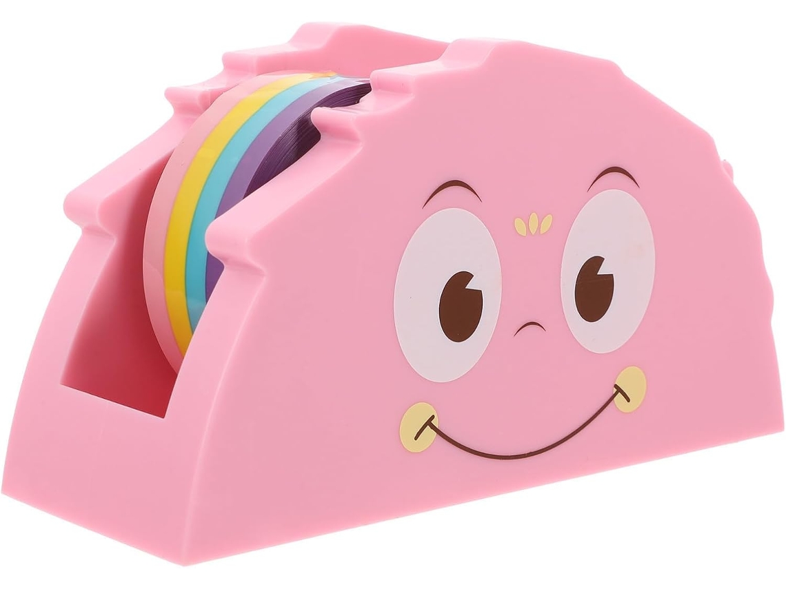 Dispensador de fita adesiva rosa com estampa de animais, base padrão e fita pré-cortada, ideal para materiais escolares e