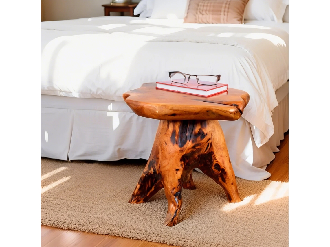 Mesa De Centro De Formato Irregular - Em Madeira Maciça De Abeto, Suporte Para Flores, Banquinho - Cor Natural