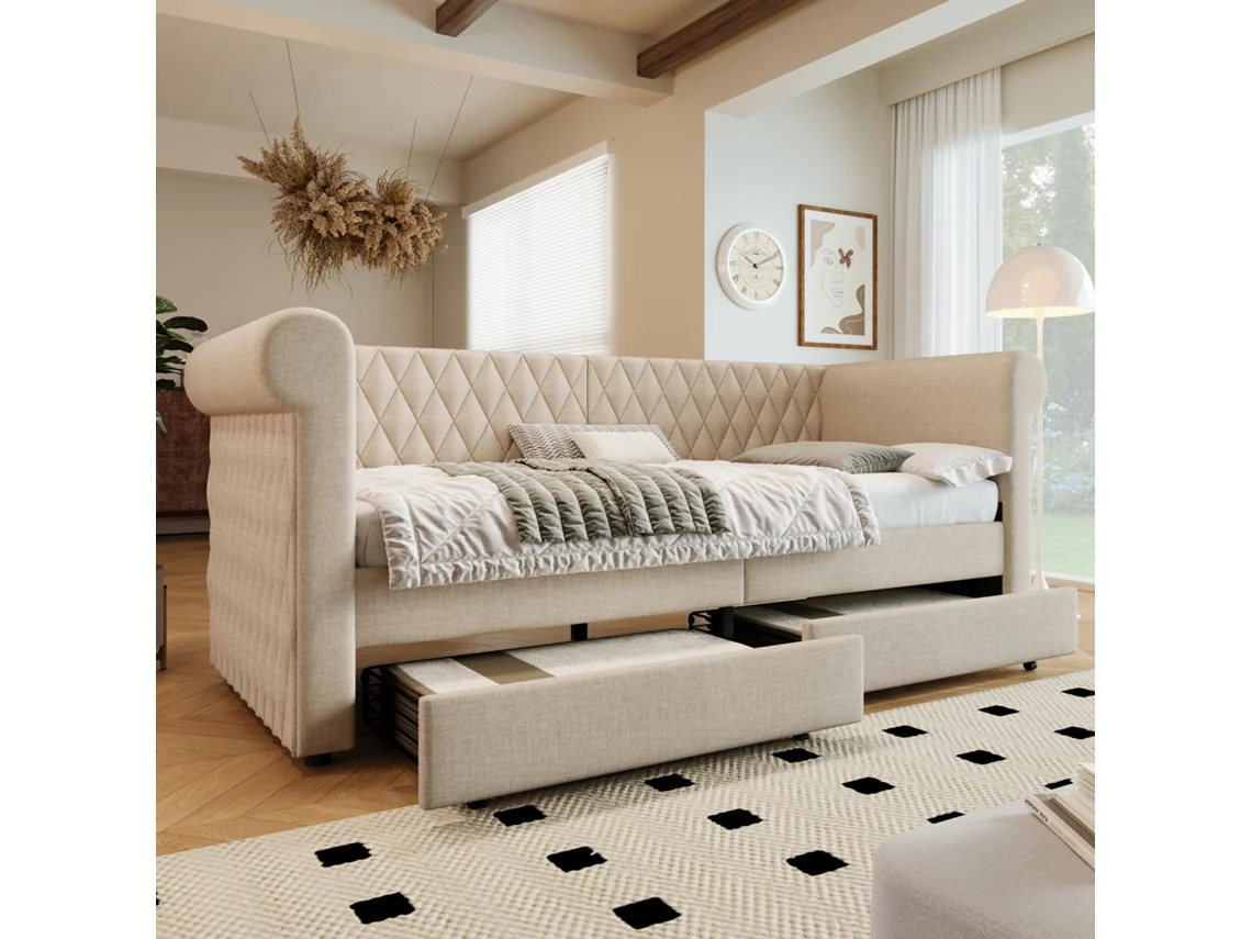 Sofá Cama Vintage 90x200 Cm 2 Gavetas Bege Sem Colchão