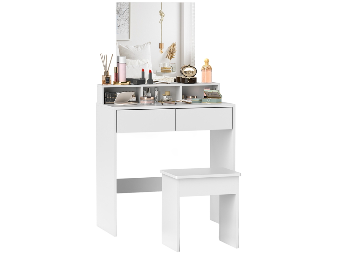 Mesa de Maquiagem com Espelho. 3 Prateleiras. 2 Gavetas e Banquinho. na Madeira. 75x38x135 Cm. Branco Ge