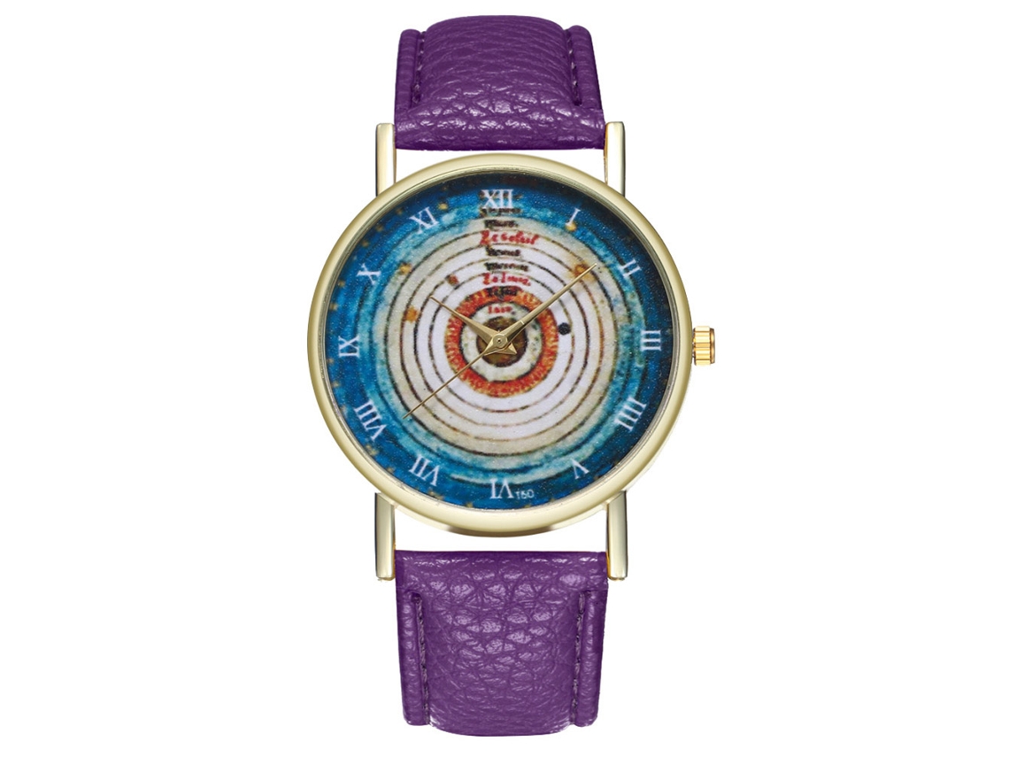 Relógio de quartzo unissex com pulseira de couro PU, mostrador com numerais romanos, cor roxa.
