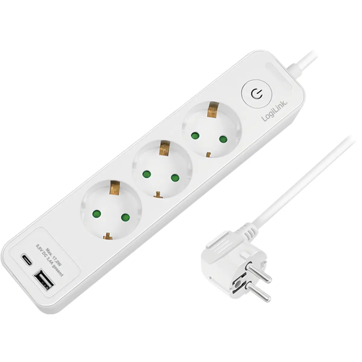 Bloco De 3 Tomadas C/ Usb-a + Usb-c + Interruptor - Cabo (3x1.5mm²) 1.5m Logilink